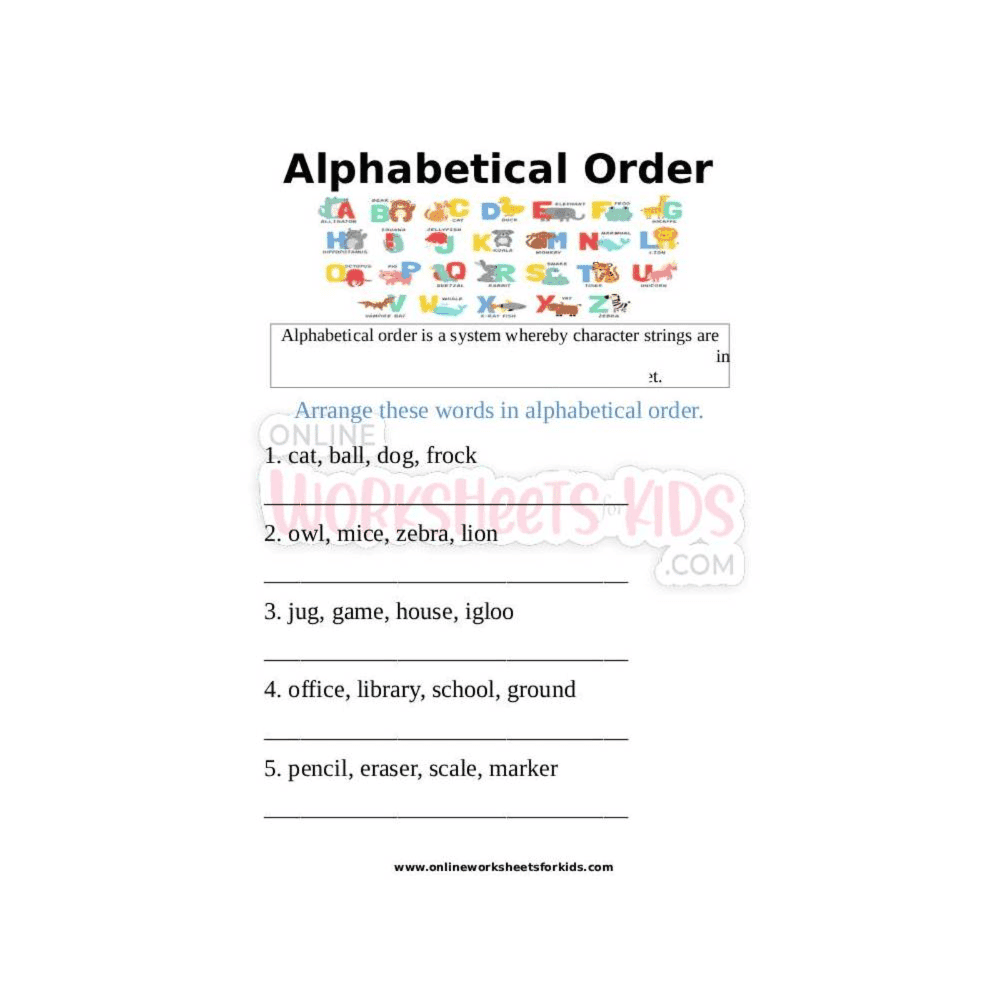 Elementary school Worksheet | Alphabetical Order for Grade 1-3