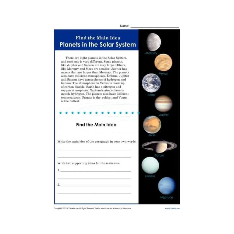 Elementary school Worksheet | Find the Main Idea: Planets