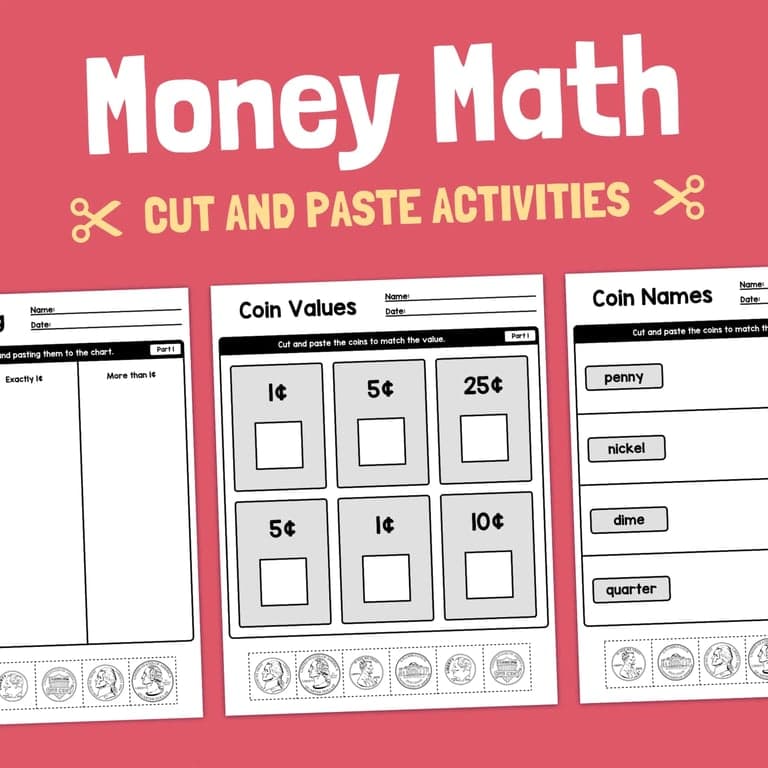 Elementary school Worksheet | Cut and Paste Money Math