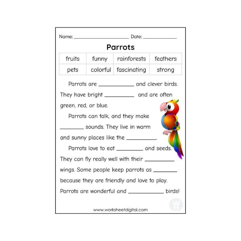 Elementary school Worksheet | Cloze Passage Parrots