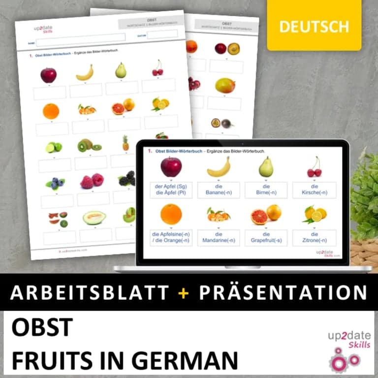 Elementary school Lesson Package | Obst Arbeitsblatt PDF + Word (Fruits in German)