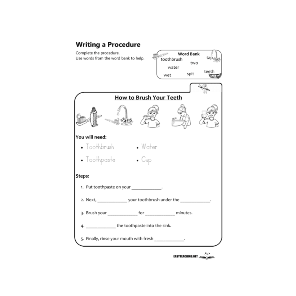 Elementary school Worksheet | Brush Teeth: Procedure Writing Differentiated Set