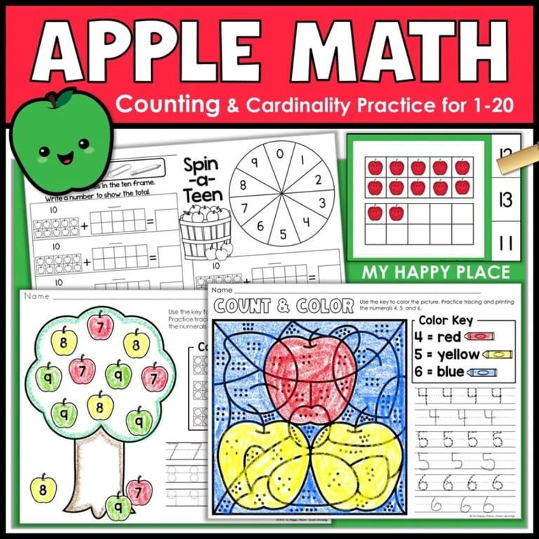 Elementary school Lesson Package | Apple Math: Counting and Cardinality Activities for Kindergarten