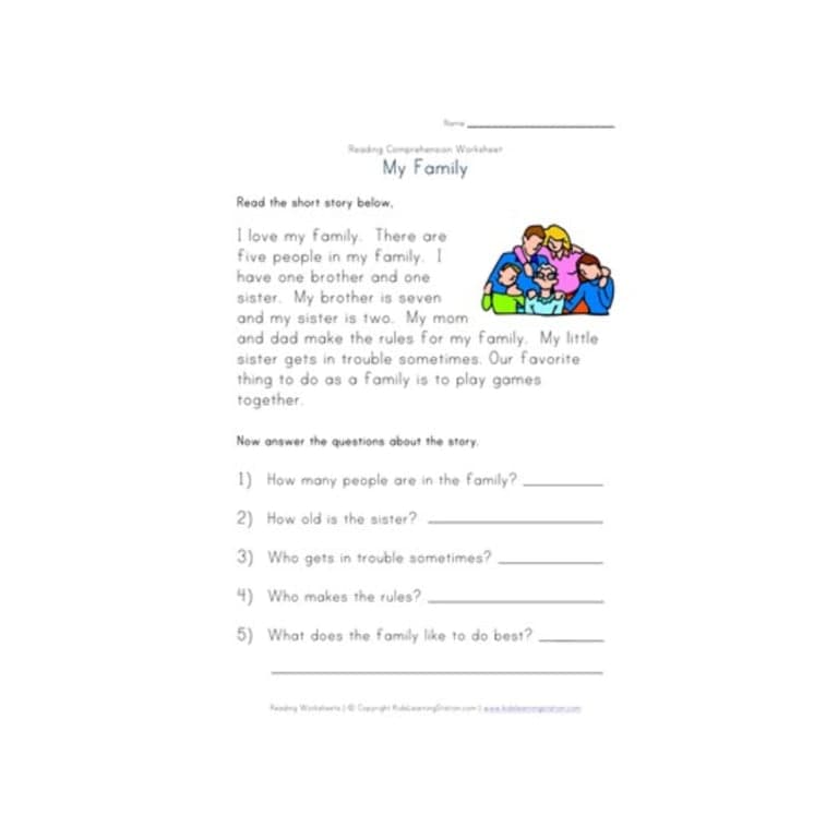 Elementary school Worksheet | Reading Comprehension Worksheet - My Family