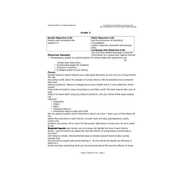 Elementary school Lesson Idea | Dangers of Experimenting With Tobacco