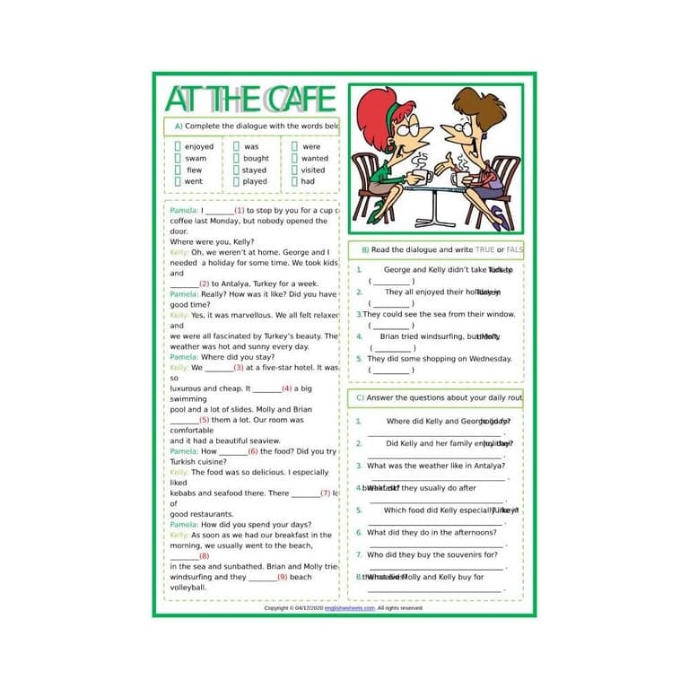 Elementary school Worksheet | Past Simple ESL Dialogue Comprehension Exercises