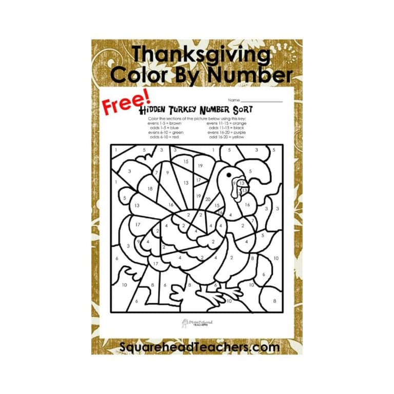 Elementary school Worksheet | Thanksgiving Color By Number (Odd/Evens Sort)