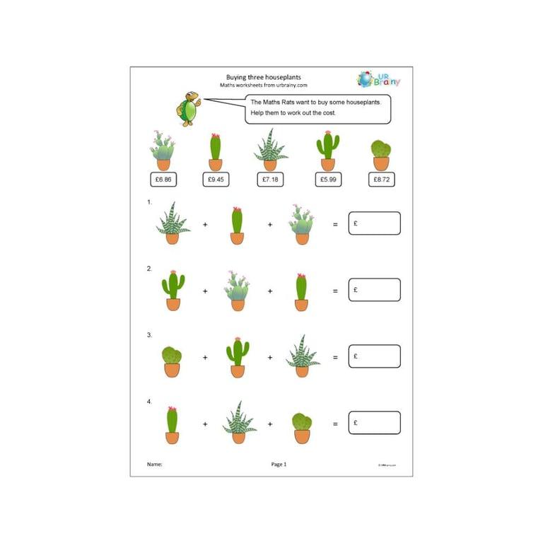 Elementary school Worksheet | Buying Three Houseplants