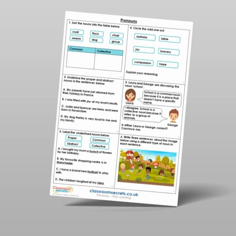 Elementary school Worksheet | Pronouns Prior Learning