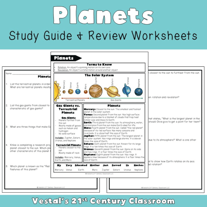 Elementary school Lesson Package | Planets Study Guide and Review Worksheets