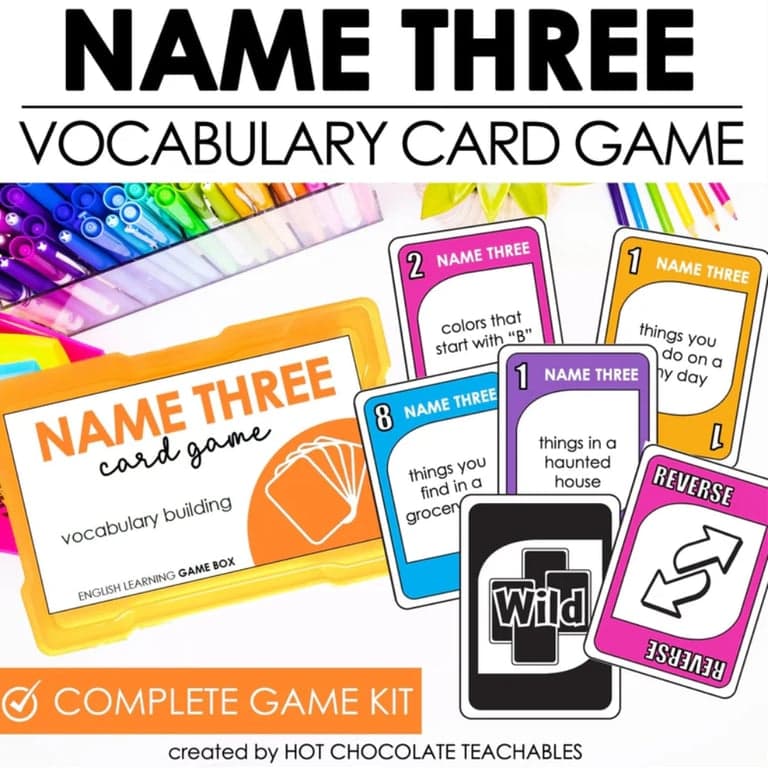 Elementary school Game | Vocabulary Building Card Game: Name Three Things Prompts for ESL & ELL