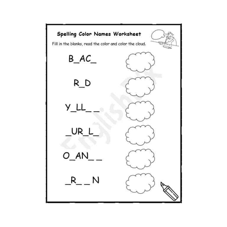 Elementary school Worksheet | Spelling Color Names Worksheet