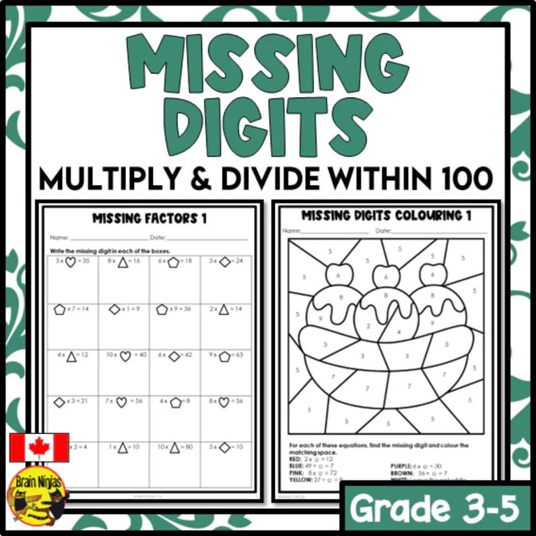 Elementary school Worksheet | Missing Digits Multiplication and Division Within 100