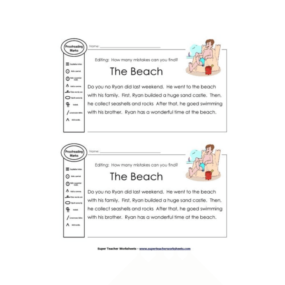 Elementary school Worksheet | Proofreading: Beach