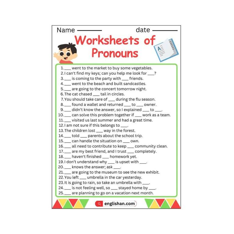 Elementary school Worksheet | 2 Pronoun Printables With Answers in English