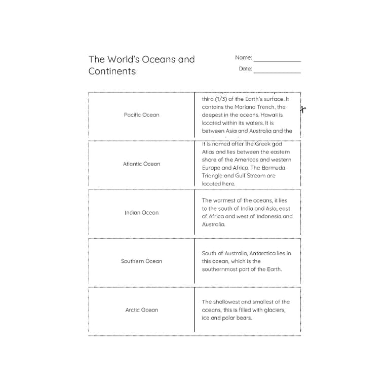 Elementary school Flashcard | The World's Oceans and Continents Flashcards