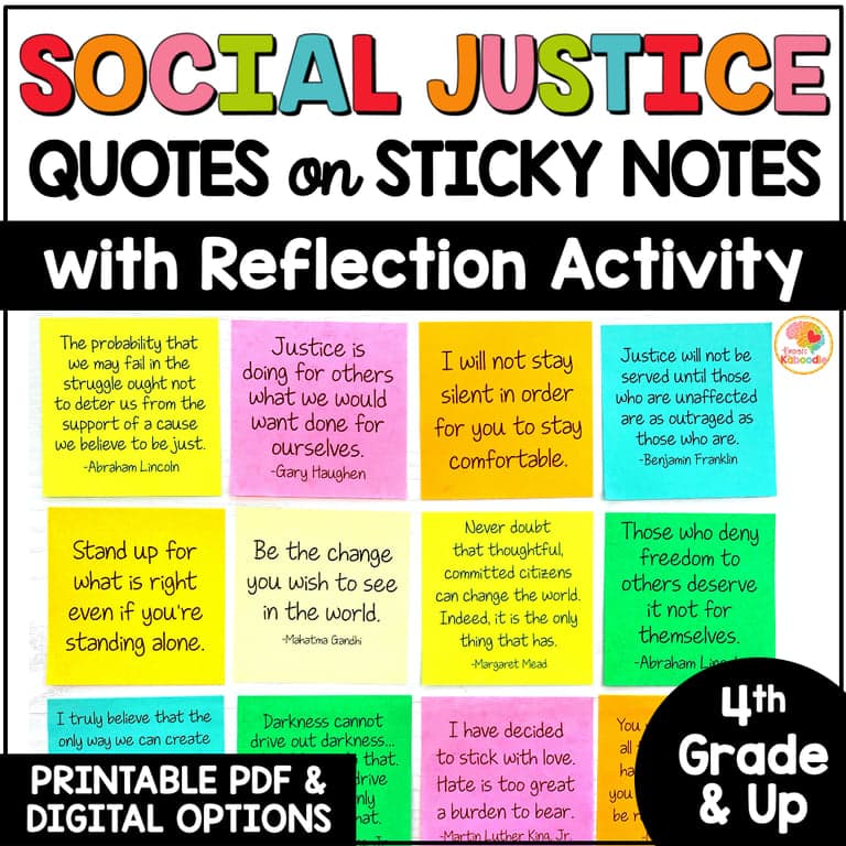 Elementary school Lesson Package | Social Justice Quotes on Sticky Notes Activity With Reflection Worksheets