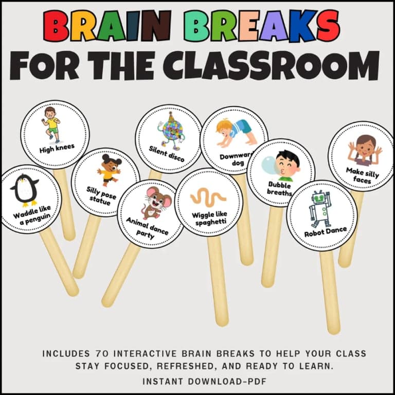 Elementary school Energizer | 70 Brain Break Cards for Kids - Printable Classroom Movement