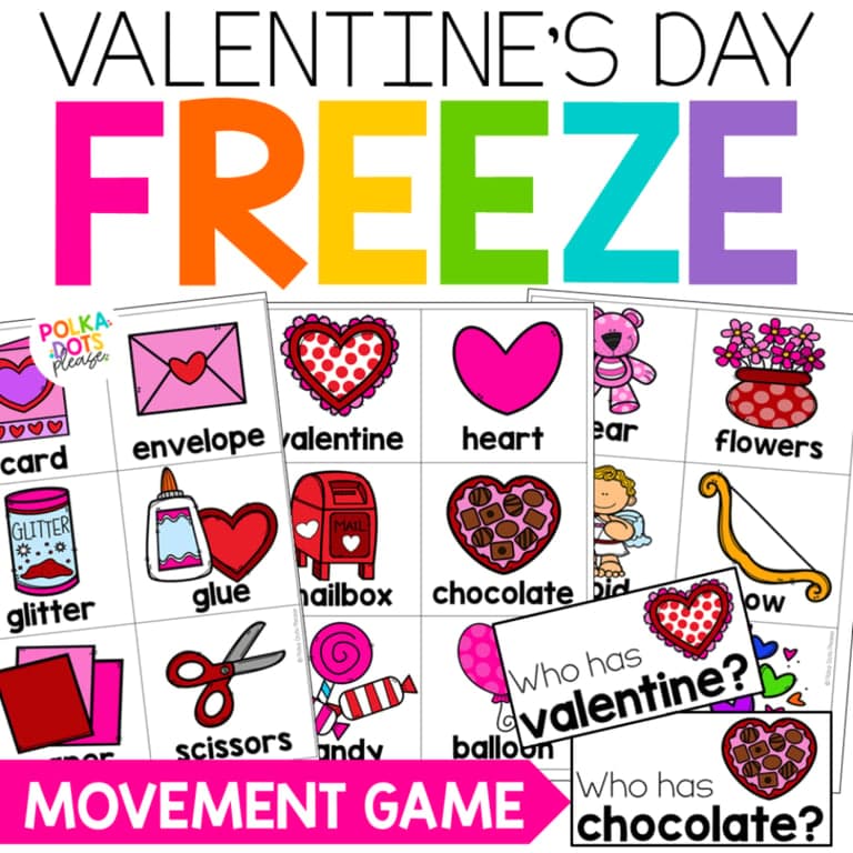 Elementary school Game | Freeze! Valentine's Day Game With Movement Break Cards and Writing Activities
