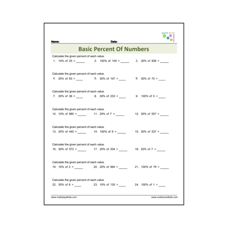 Elementary school Worksheet | Basic Percent of Numbers