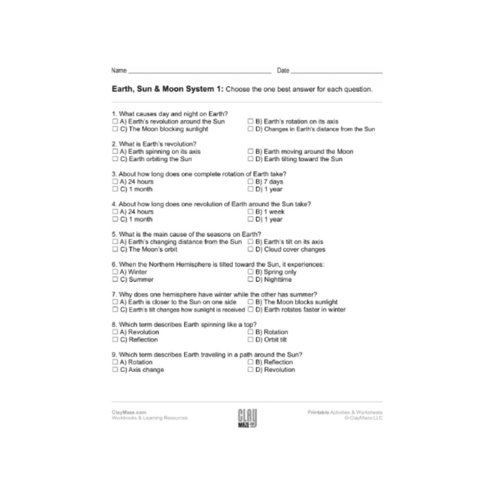 Elementary school Worksheet | Earth-Sun-Moon System
