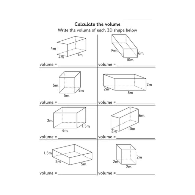 Elementary school Worksheet | Calculate the Volume of Cubes and Cuboids, Metres