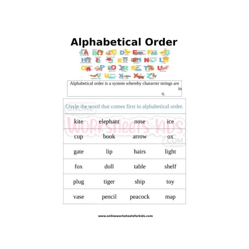 Elementary school Worksheet | Alphabetical Order for Grade 1-2