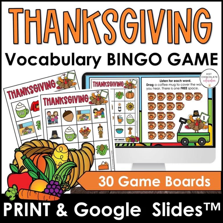 Elementary school Game | Thanksgiving Vocabulary Bingo Bundle - Print & Digital Versions