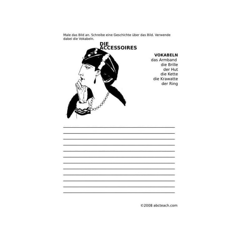 Elementary school Worksheet | Color and Write Prompt - Accessories