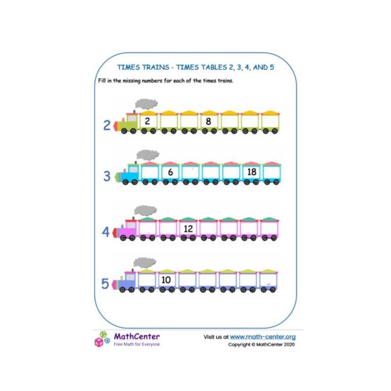 Elementary school Worksheet | Times table 2, 3, 4 and 5 - Trains