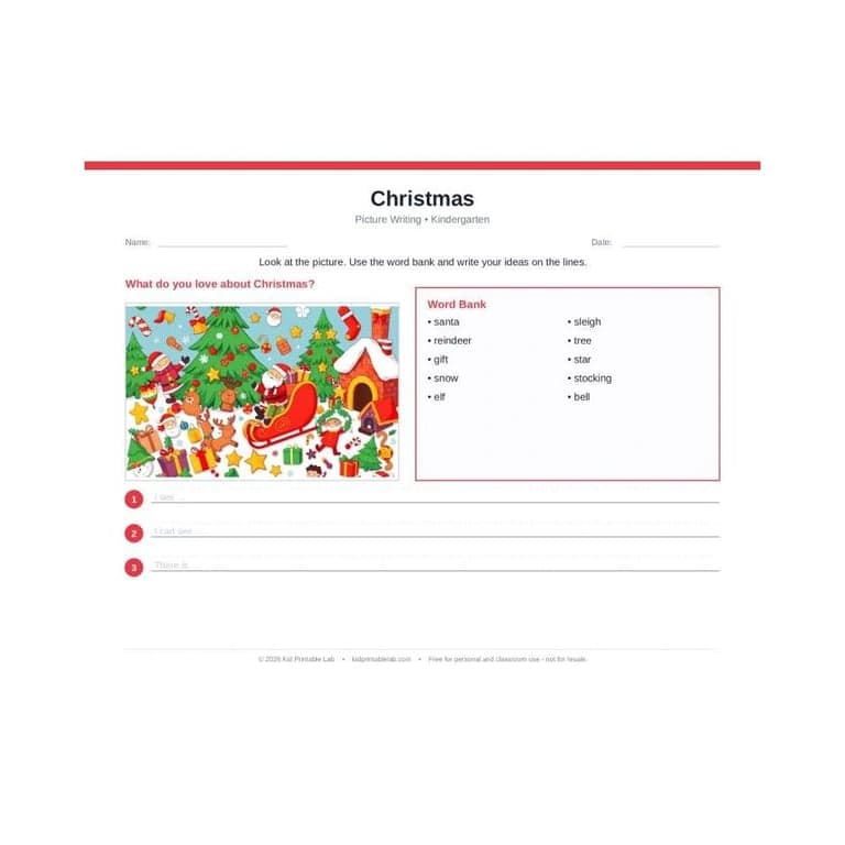 Elementary school Worksheet | Christmas Writing for Kindergarten