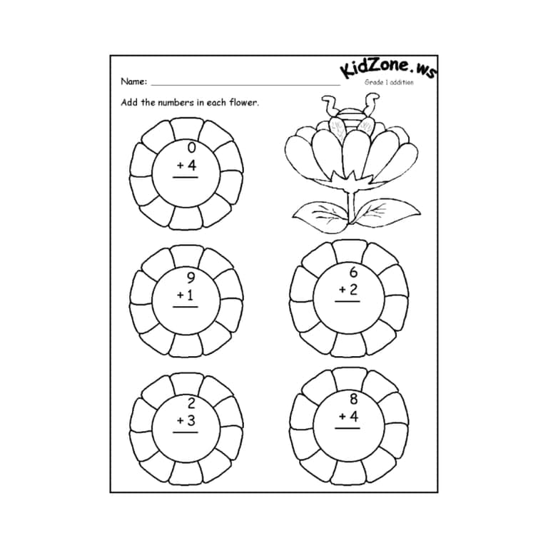 Elementary school Worksheet | Grade 1 Addition, Flower Theme