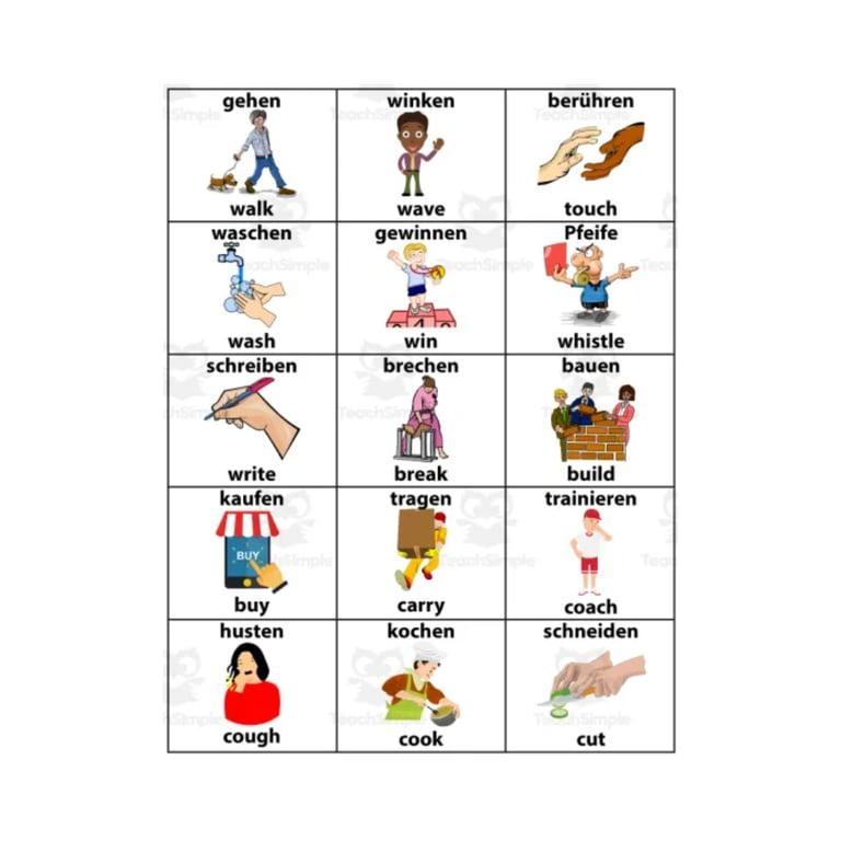 Elementary school Flashcard | English-German Action Verbs ESL Vocabulary Flashcards for Beginners