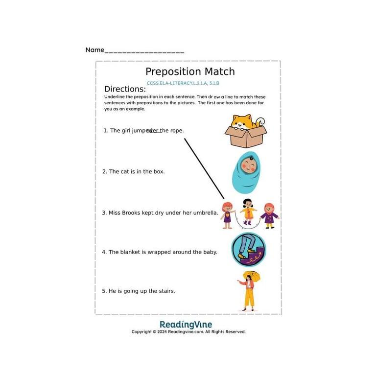 Elementary school Worksheet | Preposition Match