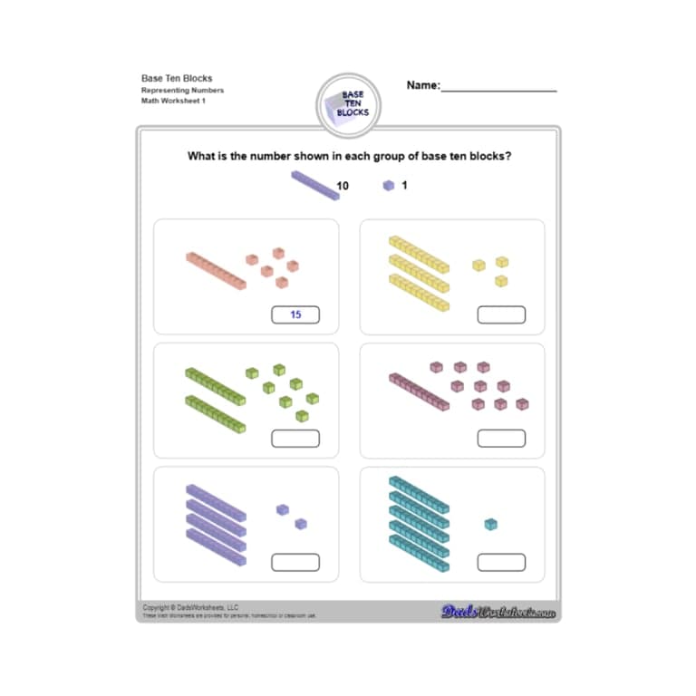 Elementary school Worksheet | Base Ten Blocks Representing Numbers V1