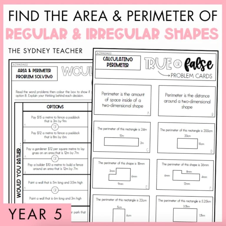 Elementary school Worksheet | Year 5 Find the Area & Perimeter - Regular and Irregular Shapes