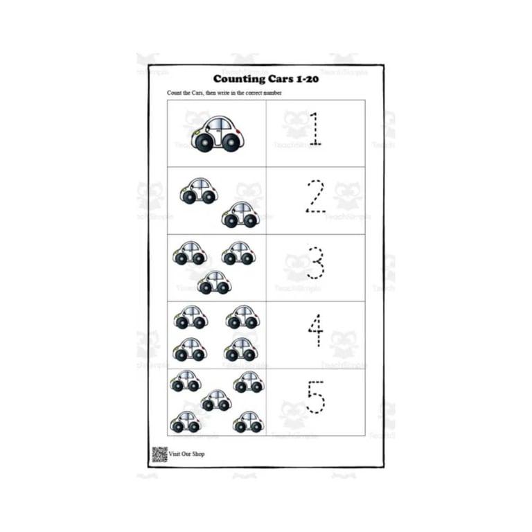 Elementary school Worksheet | Counting Cars 1-20 Printable