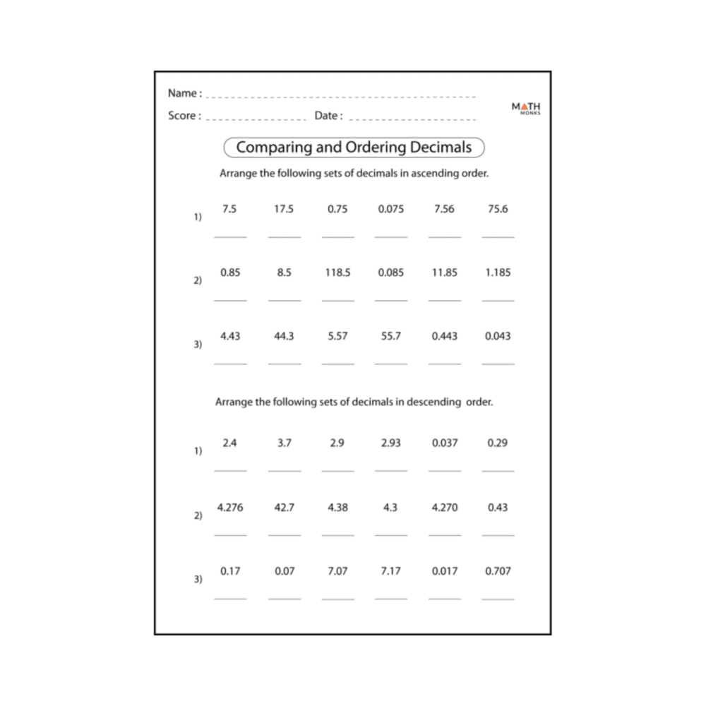 Elementary school Worksheet | Comparing and Ordering Decimals
