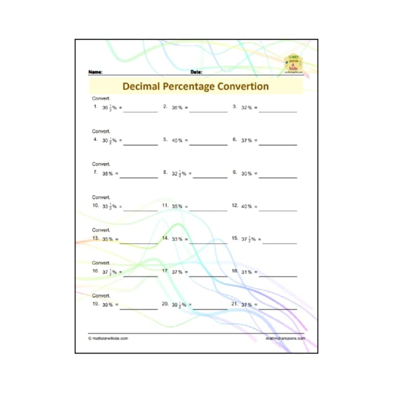 Elementary school Worksheet | Decimal to Percentage Conversion, 3rd Grade