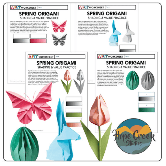 Elementary school Worksheet | Spring Easter Origami Shading - Value, Light & Form Drawing Practice