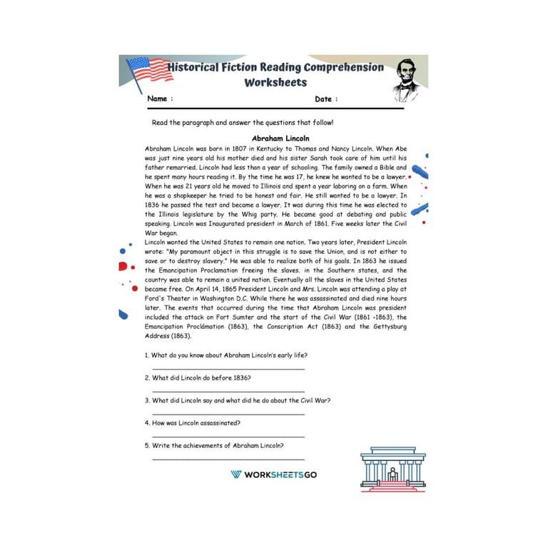 Elementary school Worksheet | Historical Fiction Reading Comprehension