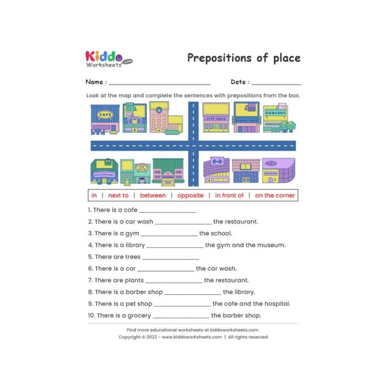 Elementary school Worksheet | Prepositions of Place by Kiddo Worksheets