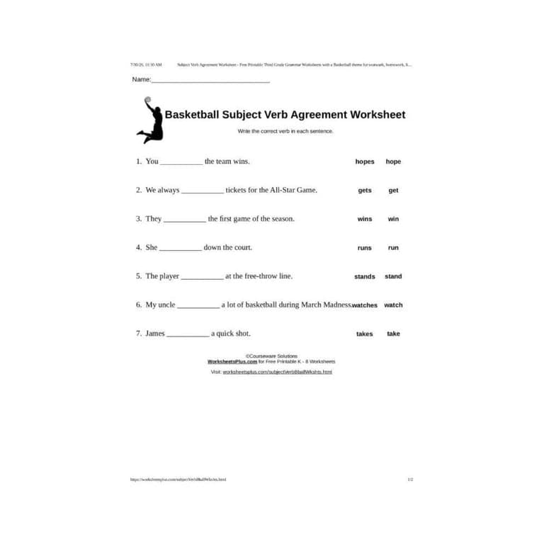 Elementary school Worksheet | Basketball Subject Verb Agreement
