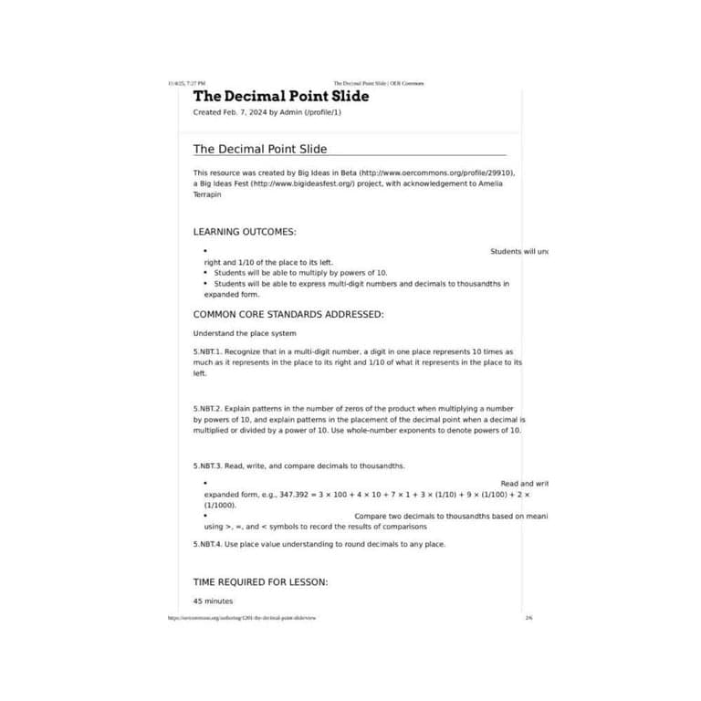 Elementary school Lesson Idea | The Decimal Point Slide