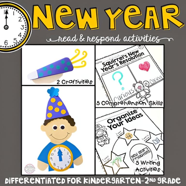 Elementary school Lesson Package | New Year: Reading Comprehension, Writing and Craftivities