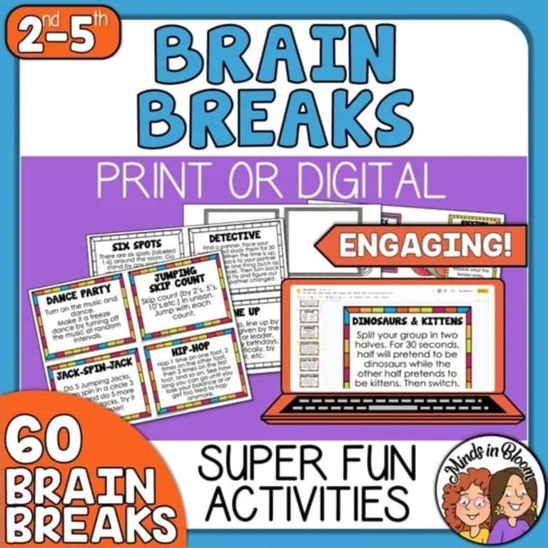 Elementary school Energizer | 60 Brain Breaks Printable Cards and Google Slides Bonus Digital Version Included