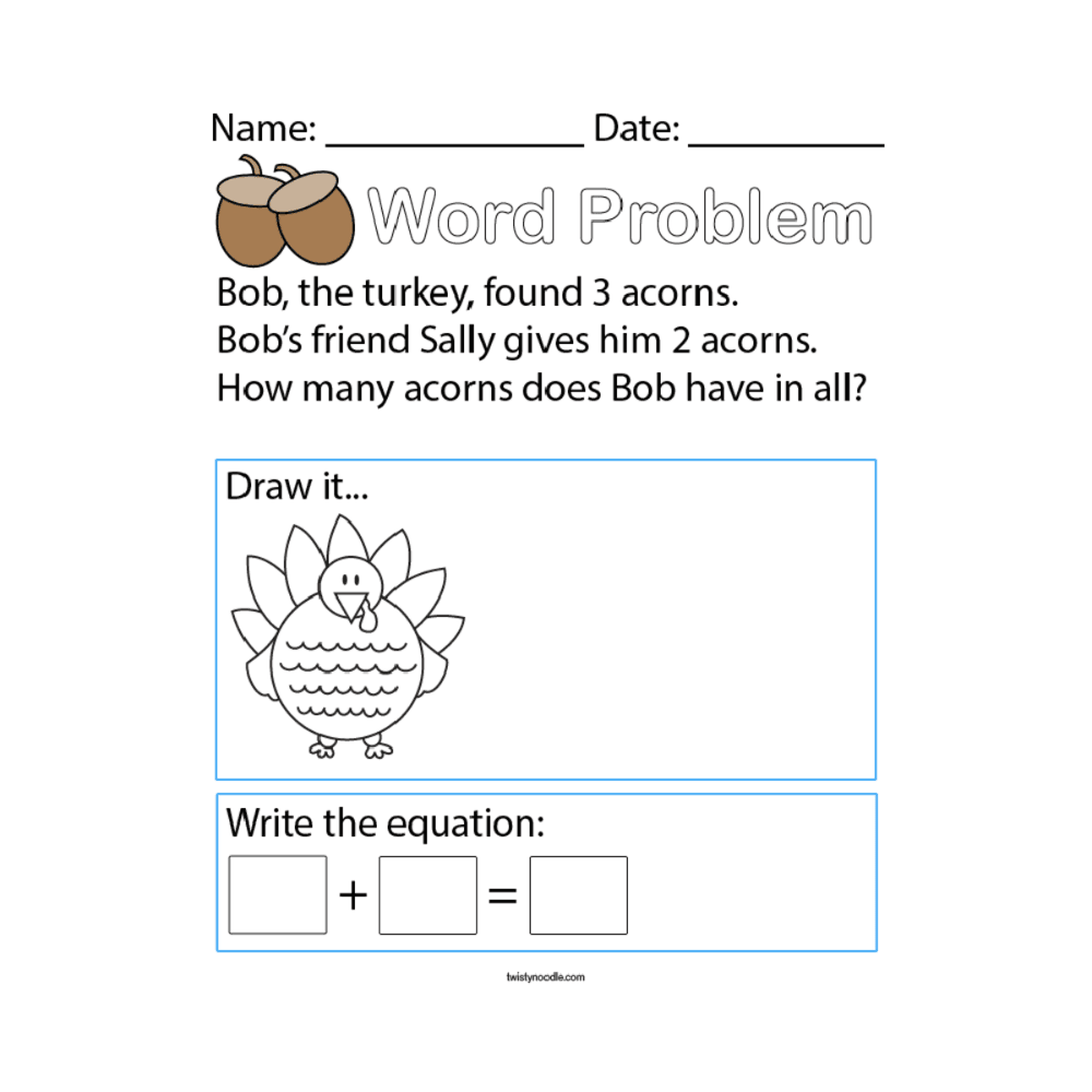 Elementary school Worksheet | Acorn Addition Word Problem Math Sheet