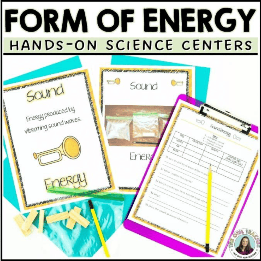 Elementary school Lesson Package | Forms of Energy Centers: Mechanical, Heat, Light, Sound ,& Electrical Labs