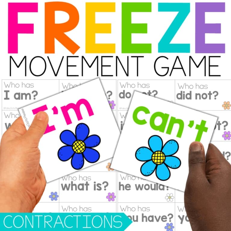 Elementary school Game | Contractions Freeze Game With Contractions Worksheets & Movement Break Cards