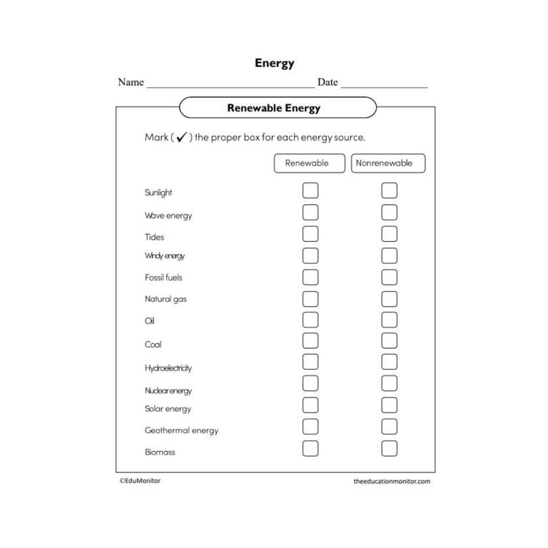 Elementary school Worksheet | Renewable Energy Science for Grade 5